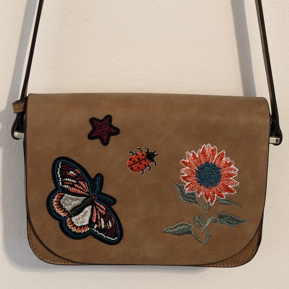 Parfois Tan Butterfly Floral Butterfly Embroidered Shoukder Bag